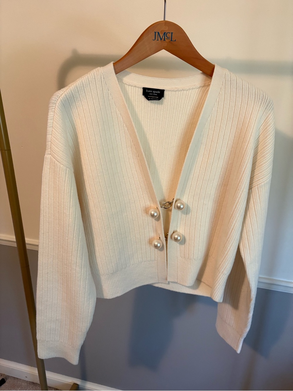 kate spade Cream Ribbed Cardigan with Pearl Button Accents